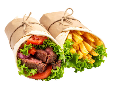 Two savory wraps with fresh ingredients and golden fries