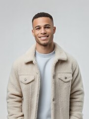 Diversity-forward portrait of smiling young Black man in sherpa fleece jacket, studio