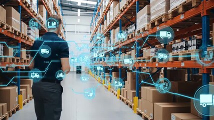 The logistics manager is strolling through a warehouse, scanning various packages. The scene is embellished with moving icons representing cargo, shipping, and distribution - Powered by Adobe