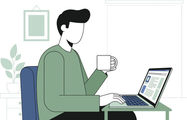 Simple vector illustration of freelancer sitting with laptop and coffee cup, home office lifestyle.