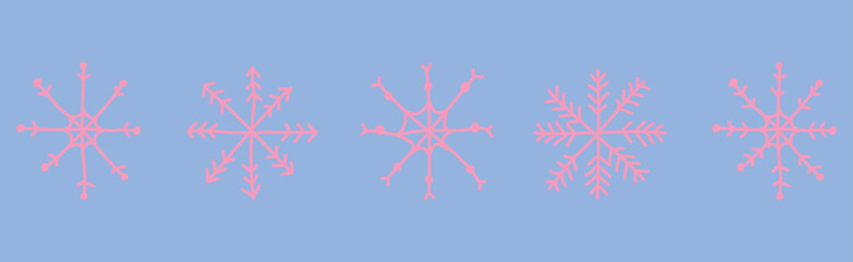 Set of hand-drawn pink snowflakes on a blue background