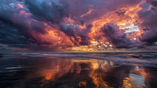 Stunning ocean sunset with dramatic cloudscape reflecting on calm waters at the beach during twilight hours