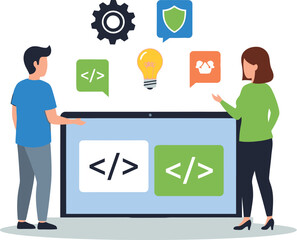 Simple vector illustration of man and woman standing beside laptop with code symbols, teamwork tech concept.