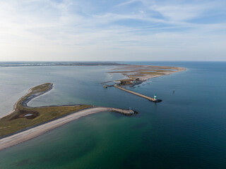 Aerial Drone View Schhleimünde Lighthouse - Green & White Beacon on Rocky Breakwater Baltic Sea Germany