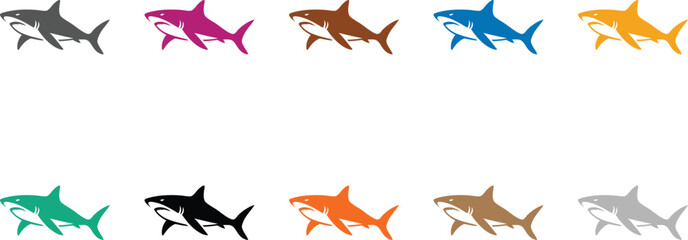 Shark silhouettes in multiple colors fish design, Colorful shark silhouettes marine life collection