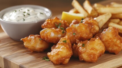 Close up of delicious fried fish and chips with lemon
