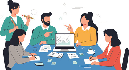 Simple vector illustration of group of people working together on project, teamwork and collaboration.