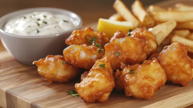Close up of delicious fried fish and chips with lemon