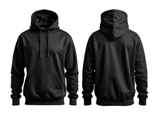 Two-sided view of a plain black hooded sweatshirt