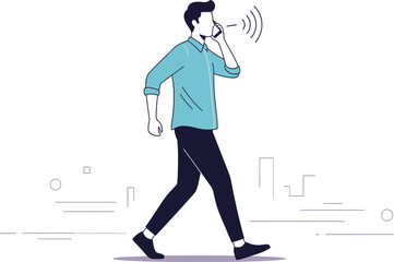 Simple vector illustration of man talking on phone while walking, communication concept.