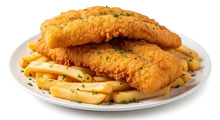 Two pieces of golden fried fish fillets served on a bed of thickcut french fries