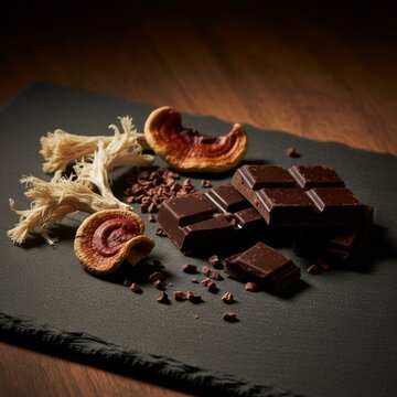 A dark and earthy flat lay of superfood ingredients. Artisanal dark chocolate, raw cacao nibs, and dried functional mushrooms for a health and wellness concept.