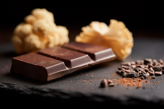 A moody, cinematic flat lay of artisanal dark chocolate with functional mushroom ingredients. Dried Reishi and Lion's Mane mushrooms sit on a dark slate surface.