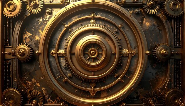 Intricate steampunk-themed design featuring layered golden concentric rings and gears on a dark, textured background