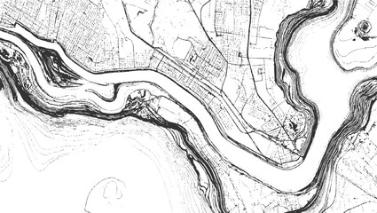 Black and white aerial view of a winding river and city grid vector © ESIPOOS