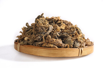 Traditional Chinese Dried Plum Shoots Shaoxing Delicacy on Bamboo Tray Studio Shot