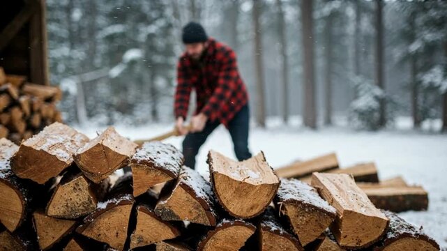 Man chopping wood logs for firewood in a snowy winter forest. Focus on stack of logs, with the man blurred in the out of focus blurred background