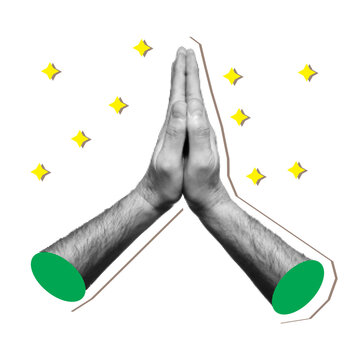 Praying hands gesture in a retro halftone pop art style. A vector sticker illustration with yellow stars, symbolizing hope, faith, or gratitude.