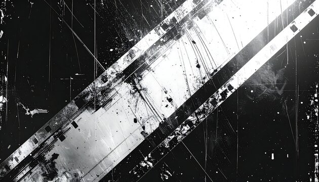 Grungy black and white abstract film strip overlay with scratches and spots creating a distressed aesthetic