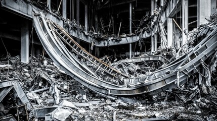 Collapsed steel structure showing extensive damage and debris