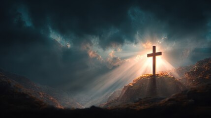 Symbolic cross representing Jesus resurrection stands over Golgotha under a dramatic sky filled with clouds and rays of light shining down, signifying hope and renewal