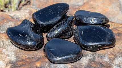 Collection of Smooth Obsidian Stones in Close Up Detail