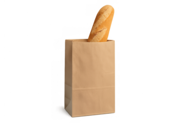 French baguette peeking from a brown paper shopping bag, fresh bread for daily groceries with transparent background