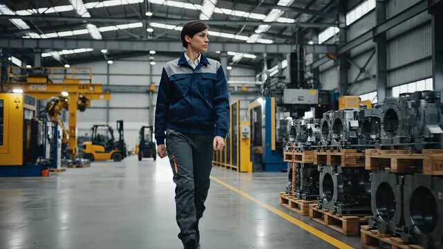 Self assured female industrial engineer in work attire strolling through a busy industrial production plant, overseeing the manufacturing operations