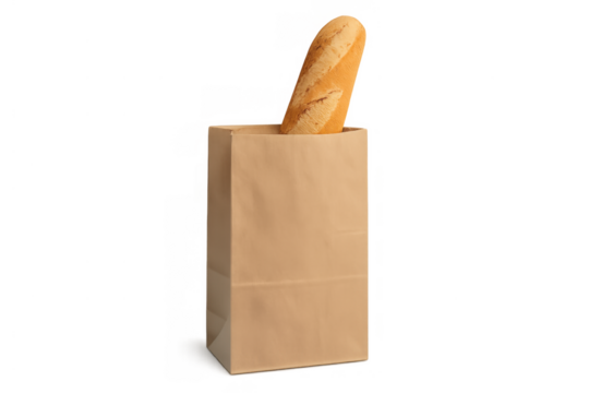 French baguette peeking from a brown paper shopping bag, fresh bread for daily groceries with transparent background - Powered by Adobe