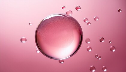 pink liquid bubble floating against a soft pink background studio shot close up for beauty product or cosmetic ingredient promotion