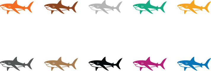 Colorful shark silhouettes in rows ocean fish, Multicolor shark icons collection for marine design