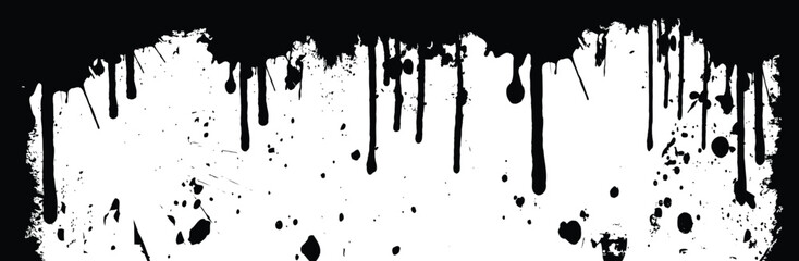 Grunge splat abstract leak texture. Halloween vector blood seamless border. Red dripping liquid paint with splatter, leaking bleeding splashes.