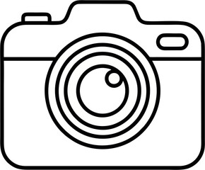 A simple black and white line drawing of a camera with a prominent lens.