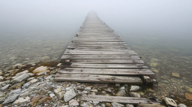 Dilapidated wooden pier stretching into dense morning fog - Powered by Adobe