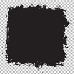 Black Grunge Paint Brush Texture Frame on Transparent Background , Abstract Ink Border, Distressed Grunge Square and Drip Edge Design Element