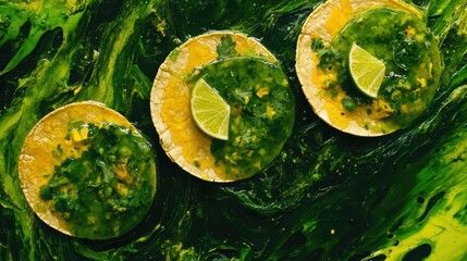 Close up of delicious Mexican tacos with lime and sauce