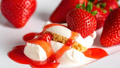 Close Up of a White Plate with Dessert Topped with Strawberries and Sweet Red Sauce in Bright Studio Lighting
