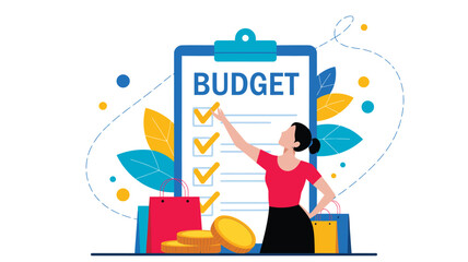budget checklist illustration with person pointing at clipboard, symbolizing financial planning, expense tracking, savings, and smart spending