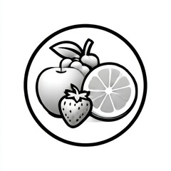 Healthy fruit mix icon, black and white, nutrition and vitamin symbol in a circle