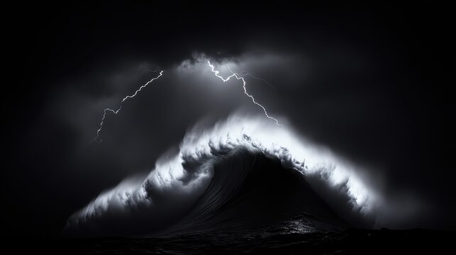 Dramatic ocean wave illuminated by lightning storm at night