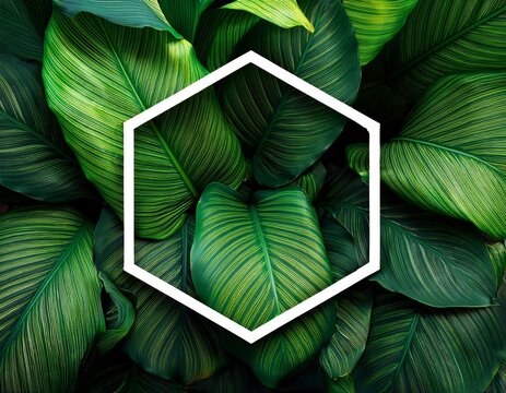 tropical greenery hexagon frame display overhead shot featuring monstera palm leaves and lush foliage - Powered by Adobe