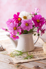 Vaso di fiori di cosmea rosa e bianco sopra spartiti di musica sfocati