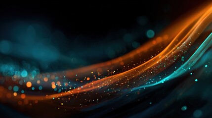 High-tech background with curved streams of orange and cyan light and a myriad of dots and a bokeh effect symbolizing rapid data or energy flow