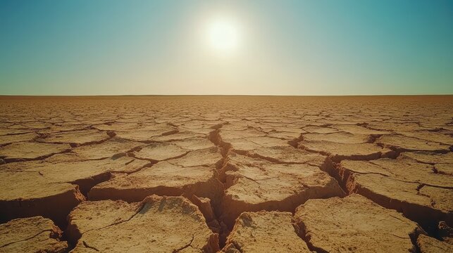 Dry cracked earth under the hot sun with horizon views