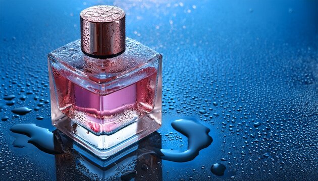 a luxurious glass perfume bottle with pink essence covered in fresh water droplets on a wet reflective blue surface concept of an aquatic scent