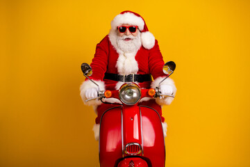 Santa on a red scooter bright studio colors christmas theme happy family fun and festive market ready for holiday and marketing use