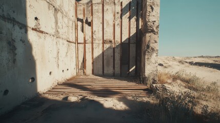 Dilapidated watchtower structure in a desert landscape