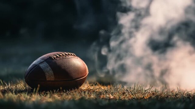 Close-up of an American football resting on a green grass field with dramatic smoke and golden hour light.