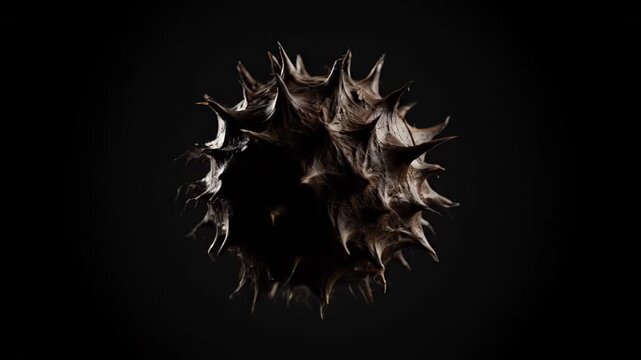 The datura stramonium seed pod, characterized by its dry, spiky texture and round shape, turns gently as it hangs in the air. The thorny pod displays a rich dark brown hue