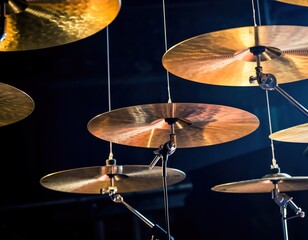 Fototapeta premium Close-Up of Hanging Cymbals in a Dimly Lit Music Setting
